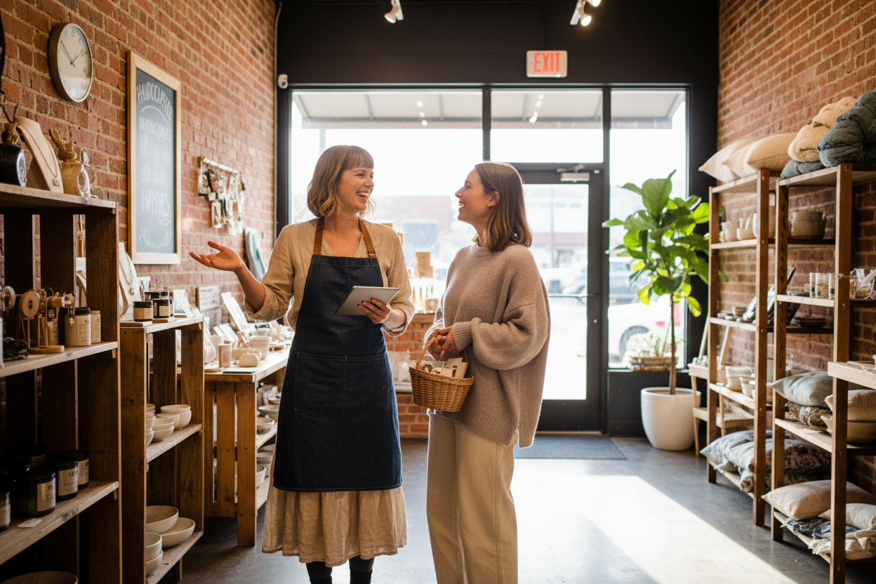 a female business owner in her brick and mortar store talking to a customer, both are happy.