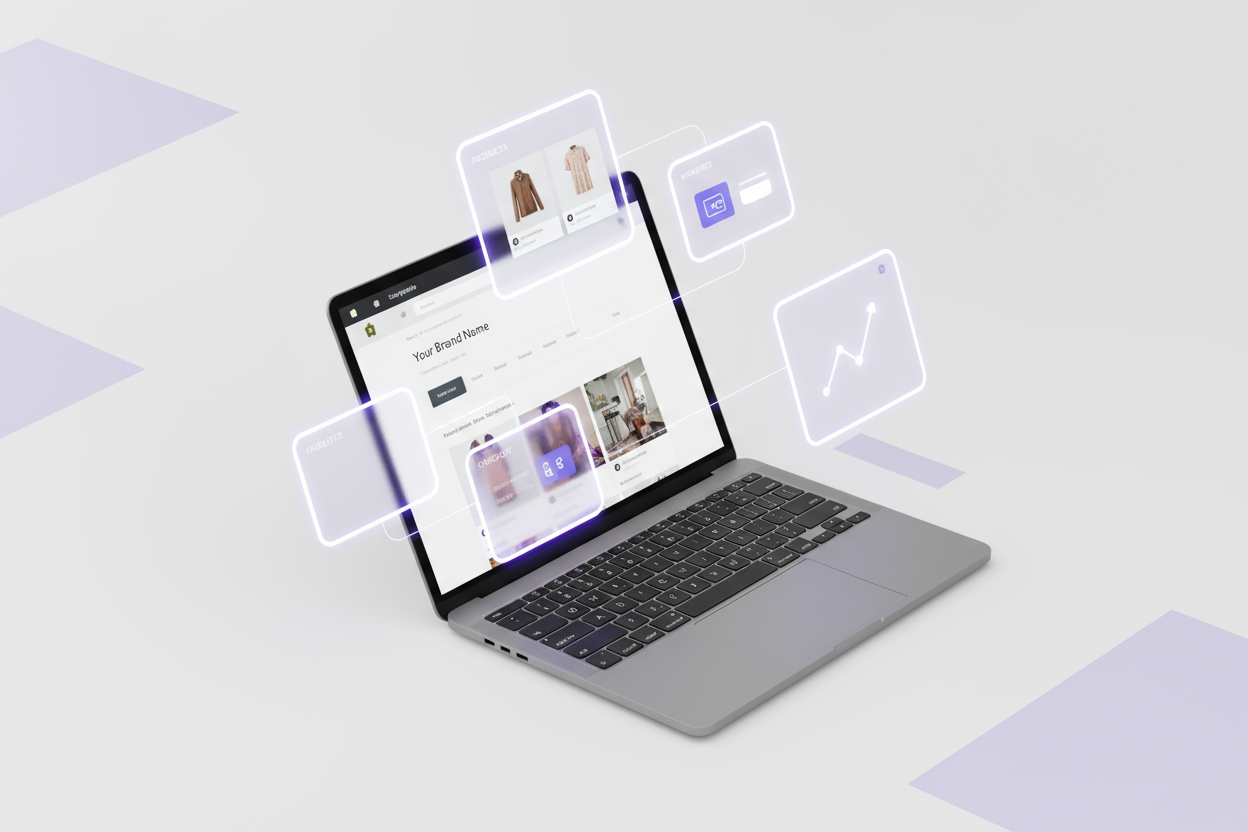 A modern flat-lay of a laptop screen showing a Shopify storefront being built, glowing interface cards (products, checkout, analytics) assembling automatically, minimalist white background with purple and lilac accents, professional clean composition, soft lighting, high detail, for a web banner.