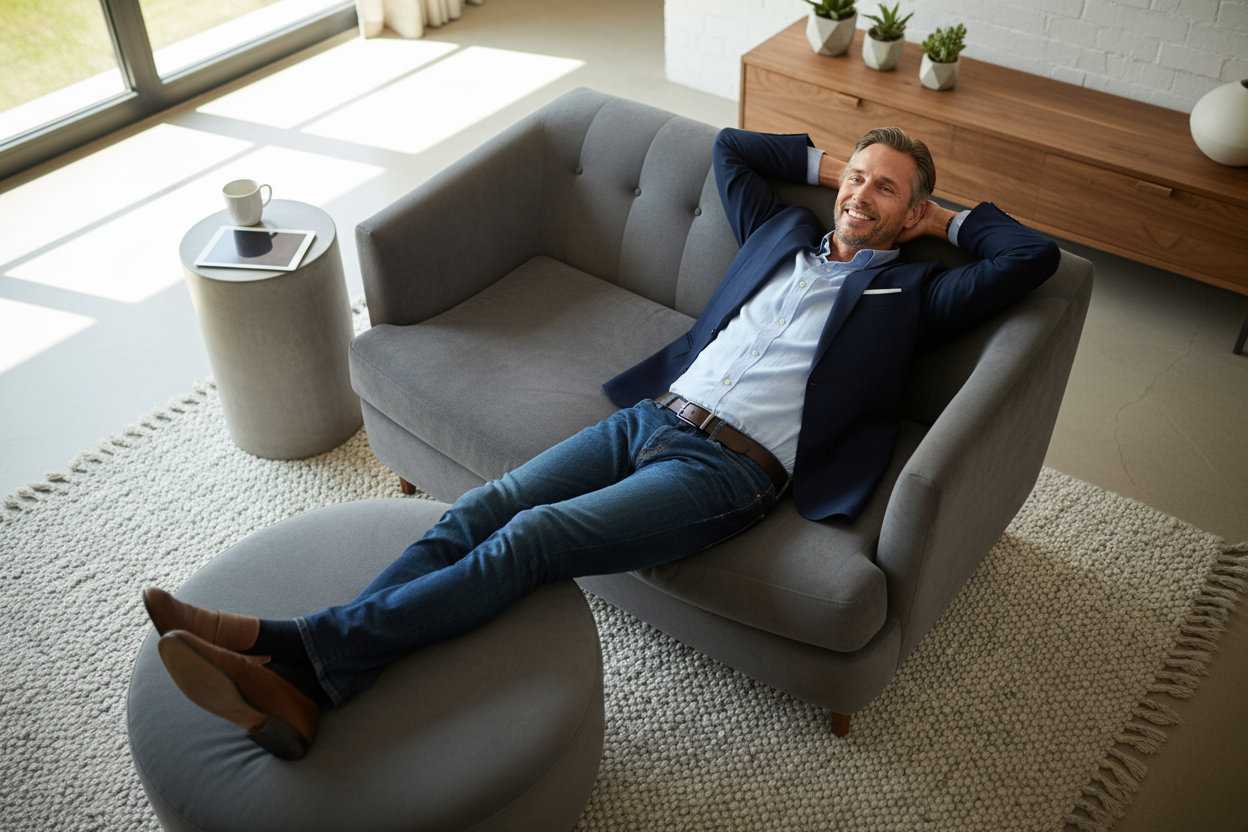 business owner laying down on a sofa chair, with his arms crossed behind his back and legs up on a ottoman, smiling while looking at the ceiling. Top view so he should be looking at the camera. He's happy since he's successful.