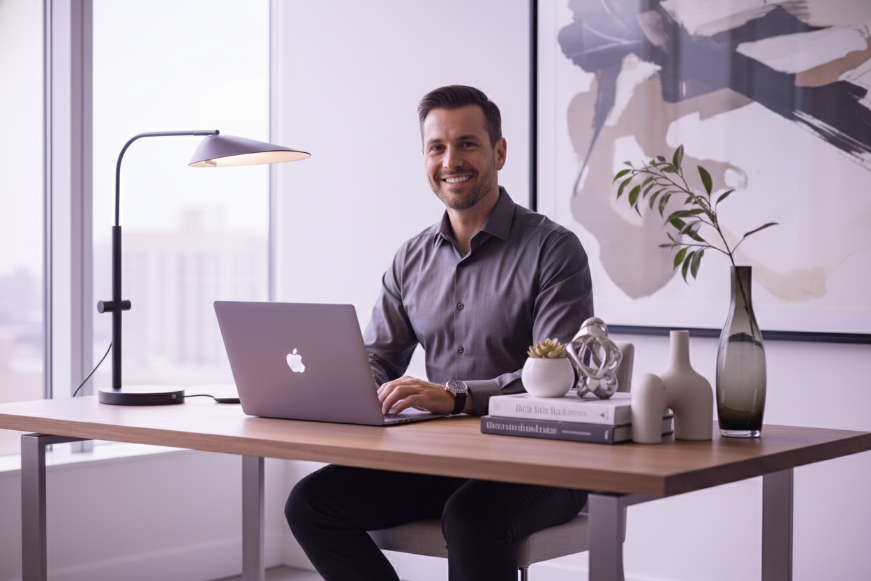 Close up and make him smile. Use very subtle lilac tones and add a bit more decoration to the background