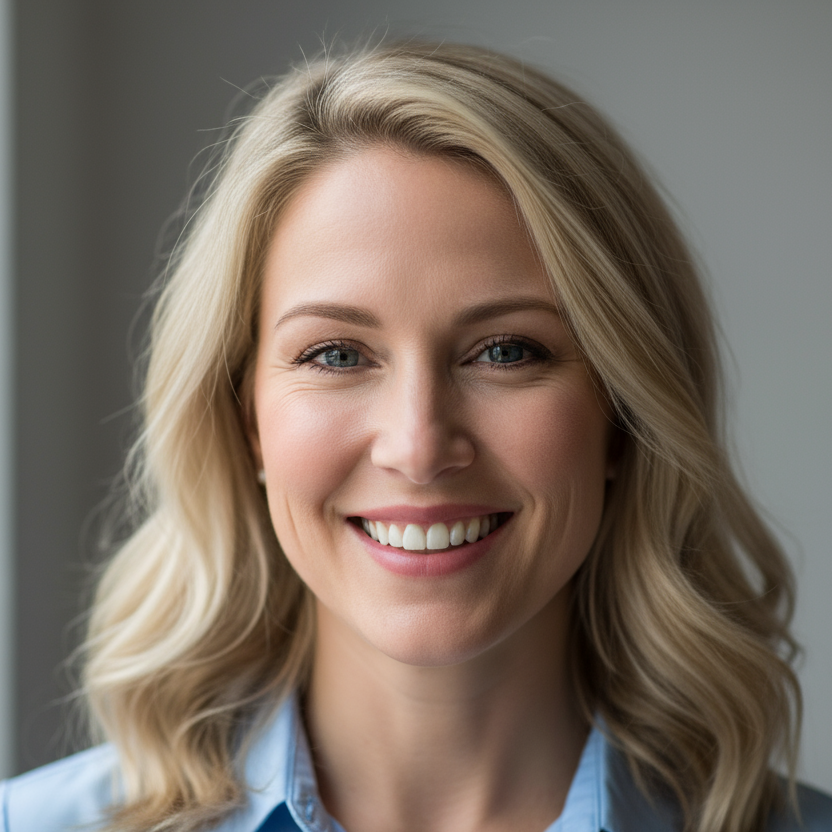 create a headshot of a happy and satisfied blonde female customer