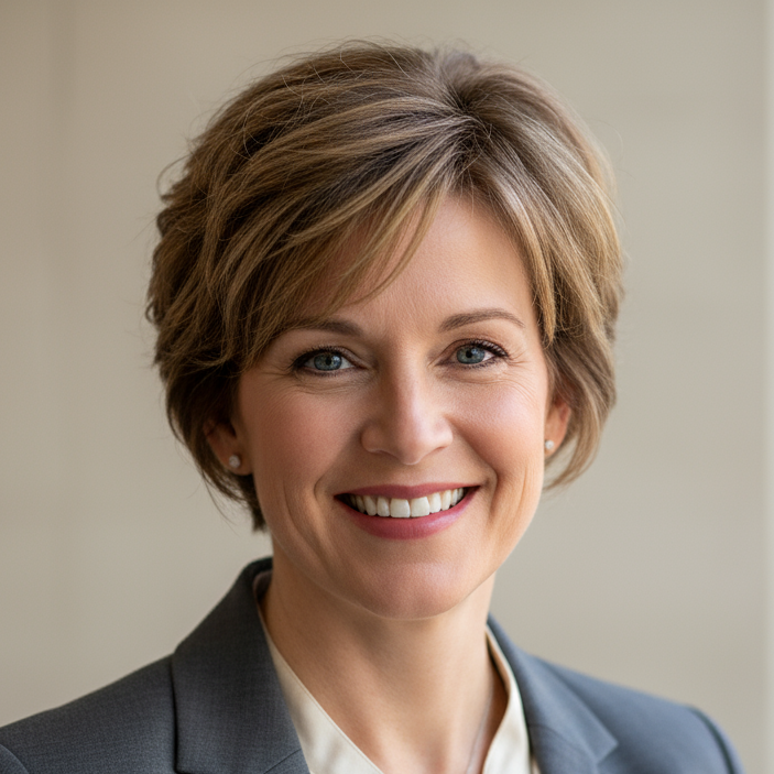 headshot of a woman in her 40s, short hair, smiling