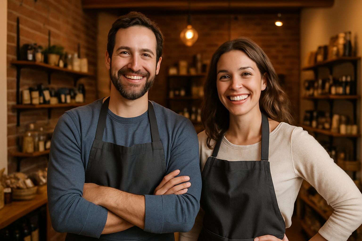 man and woman with aprons in their brick and mortar shop, smiling at the camera, being successful.