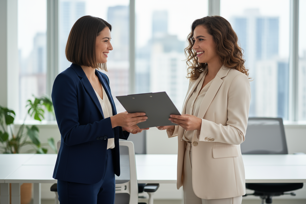 social media influencer, handing off a folder to her client, both are smiling.