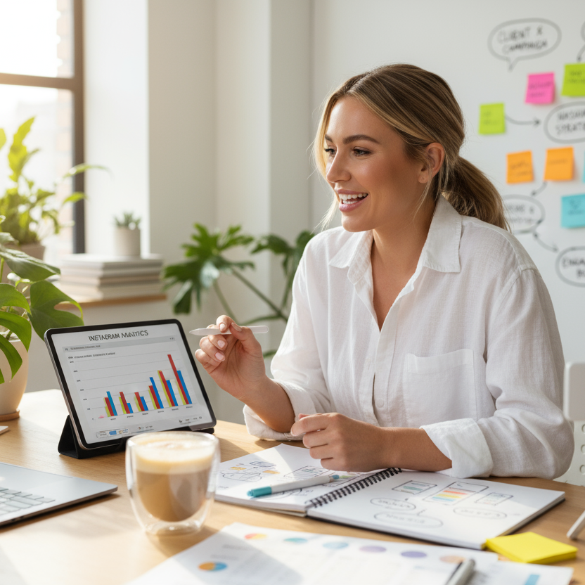 social media influencer happily planning and writing out a strategy for her client