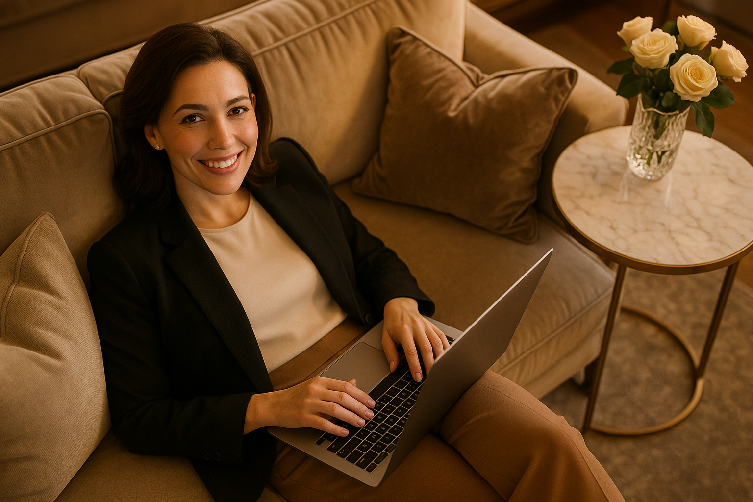 sucessful business woman laying on the couch working on her laptop, smiling, view from above, we can see only her waist up. Elegant living room details.
