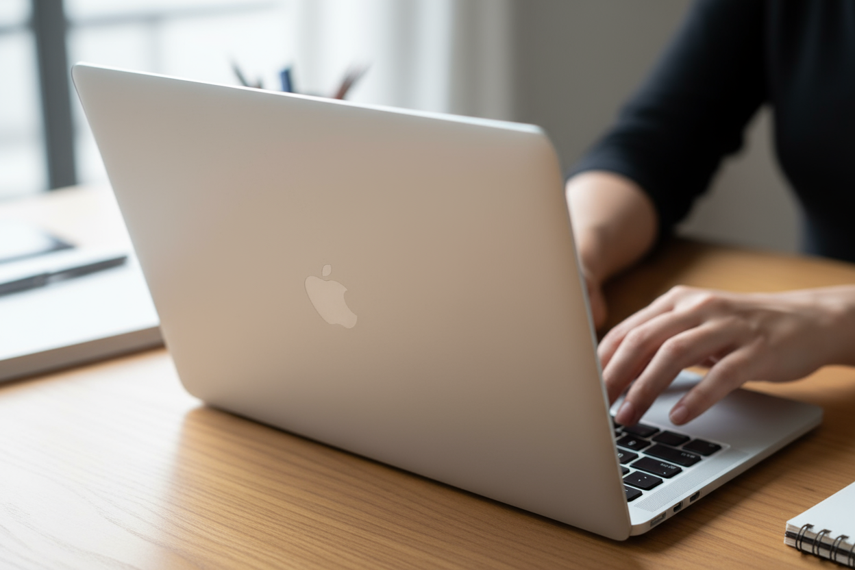 picture zoomed in of a laptop and womans hands. Look from the back part of the laptop, angled looking from the top.